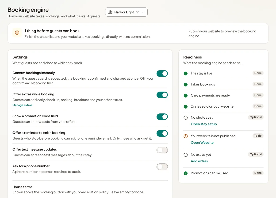 The booking engine settings in Holuway: instant confirmation, extras, promotion codes and house terms, with a readiness checklist.