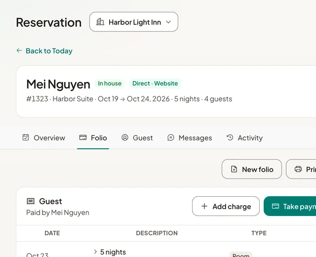 A reservation folio in Holuway: room nights, taxes, extras and the payments recorded against them, with the balance.
