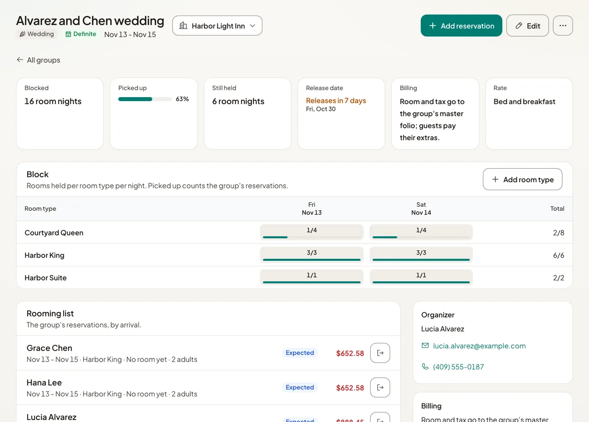 A group in Holuway: the Alvarez and Chen wedding, its block night by night and room type by room type, picked up against held, its rooming list, billing and organizer.