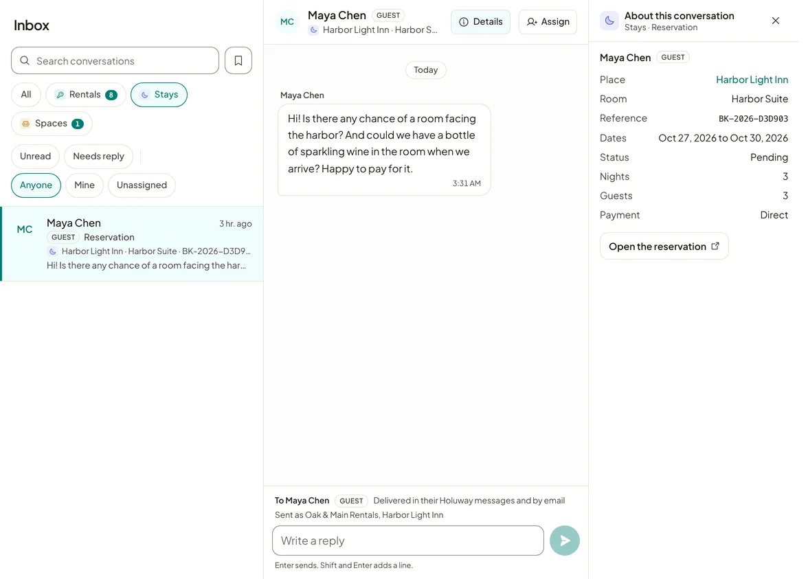 The inbox in Holuway: guest conversations beside their reservation, with replies that also reach the guest by email.