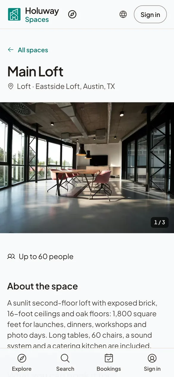 Main Loft on Holuway Spaces on a customer's phone: hours, prices and the request to book.