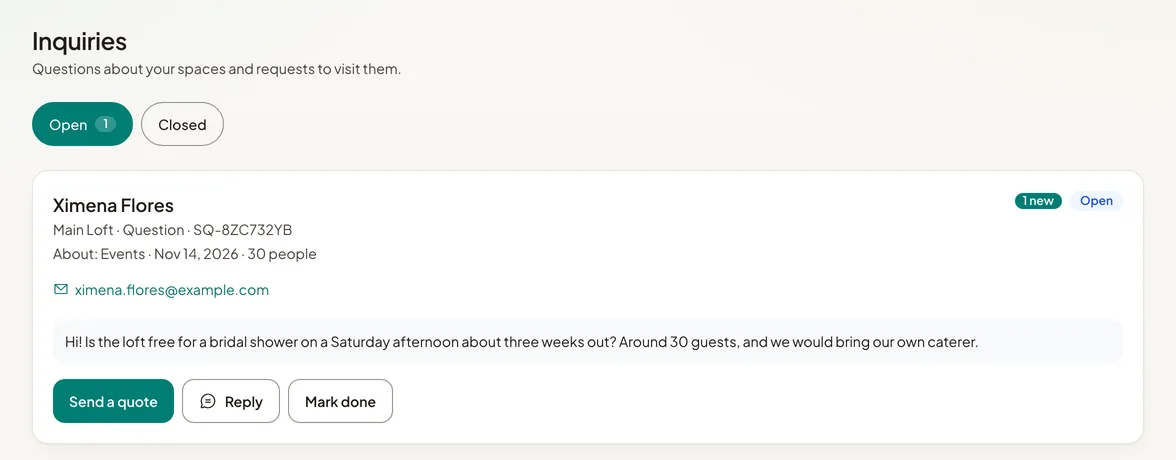Inquiries in Holuway Spaces: questions and site visits from customers, with versioned quotes.