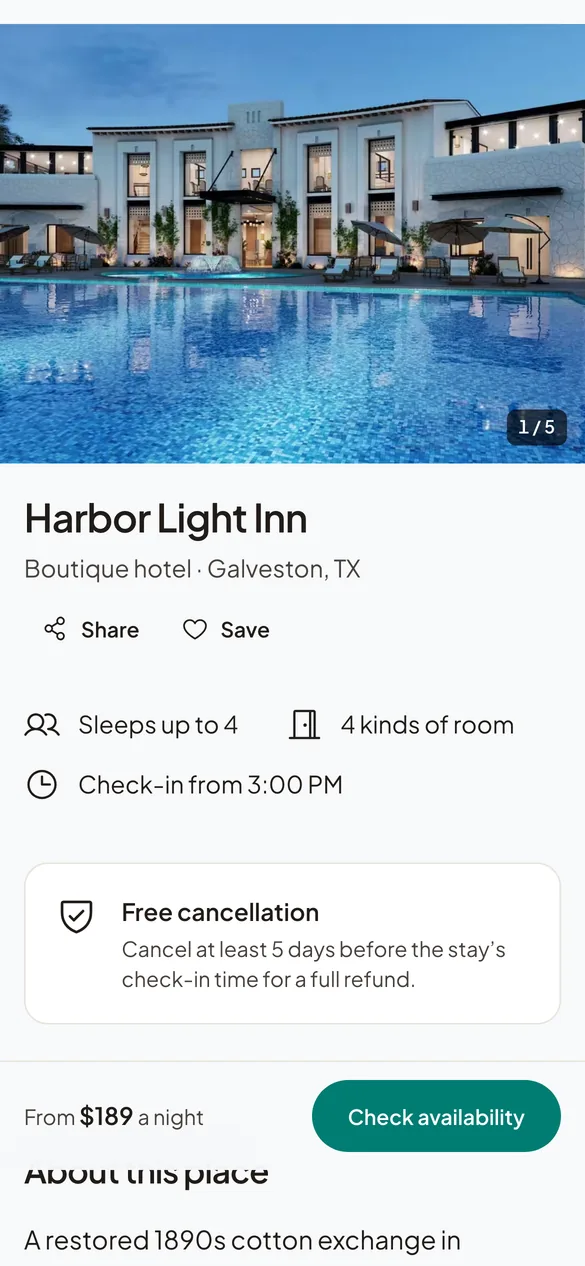 Harbor Light Inn on Holuway Stays on a guest's phone: photos, rooms and the request to book.