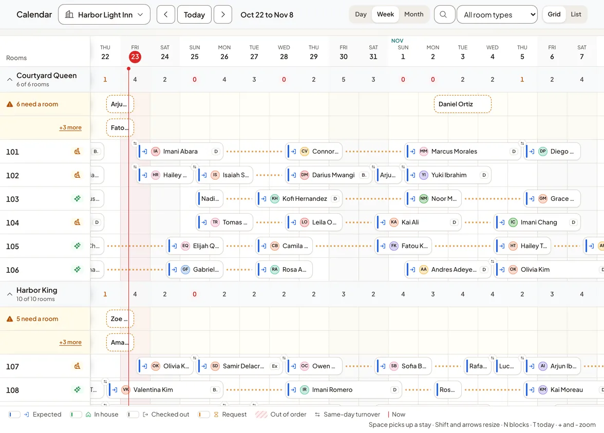The Stays calendar in Holuway: every room of Harbor Light Inn by night, with each stay as a bar named for its guest and source, rooms out of order and stays that still need a room.